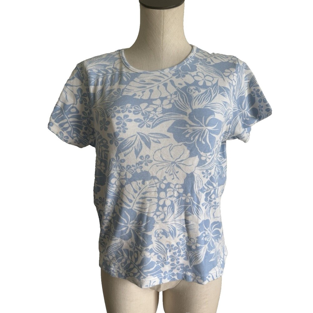 Big Dogs Womens Blue Floral Hawaiian Top Size Medium Shirt 100% Cotton S/S